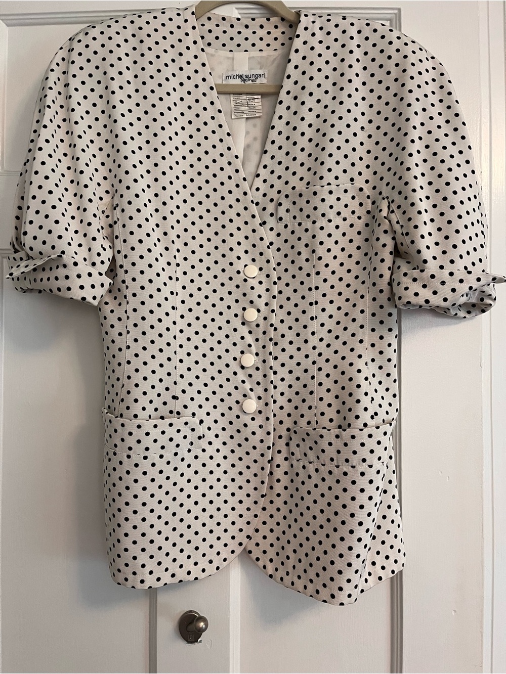 Vintage Michael Sugrue White Polka Dot Short Sleeve Blazer and skirt
